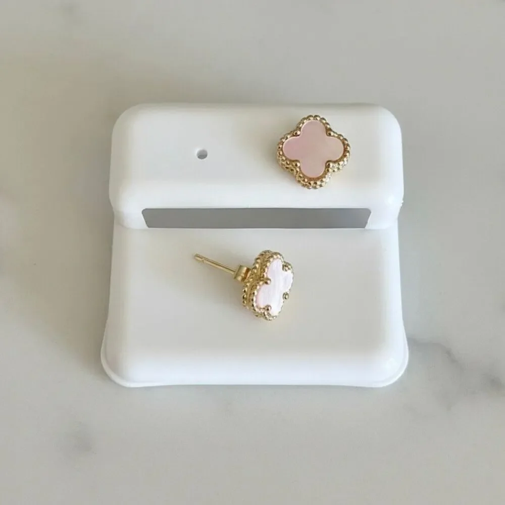 Mother of Pearl Clover Stud Earrings Gold Vermeil Beaded Trim Elegant Gift New